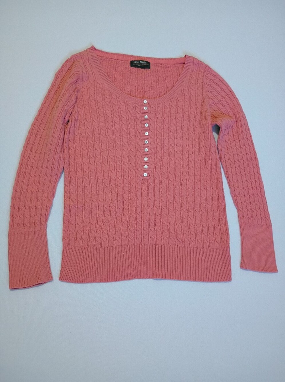 Eddie Bauer Y2K Coral Salmon Cable Knit Henley Sweater Ribbed Hem Size M